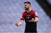 17 June 2022; Jordan Flores of Bohemians reacts at the full-time whistle after his side's victory in the SSE Airtricity League Premier Division match between Bohemians and Shelbourne at Dalymount Park in Dublin. Photo by Harry Murphy/Sportsfile
