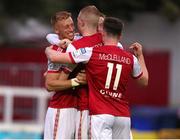 17 June 2022; Eoin Doyle of St Patrick's Athletic, left, is congratulated by team-mates after scoring his side's first goal during the SSE Airtricity League Premier Division match between St Patrick's Athletic and UCD at Richmond Park in Dublin. Photo by Michael P Ryan/Sportsfile