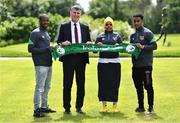 25 June 2022; Republic of Ireland Manager Stephen Kenny, second from left, with from left, Inza Bamba, Anfac Dahir Sharifosman and Michele Kidane Gebretsadek stands for a portrait during a Republic of Ireland Refugee Team meet and greet at FAI Headquarters in Abbotstown, Dublin. Photo by Sam Barnes/Sportsfile