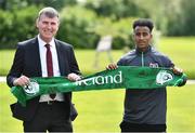 25 June 2022; Republic of Ireland manager Stephen Kenny with Michele Kidane Gebretsadek during a Republic of Ireland Refugee Team meet and greet at FAI Headquarters in Abbotstown, Dublin. Photo by Sam Barnes/Sportsfile