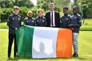 25 June 2022; Republic of Ireland manager Stephen Kenny, third from right, with from left, Cian Egan Tormey, Anfac Dahir Sharifosman, Lauren Fox, Michele Kidane Gebretsadek and Inza Bamba during a Republic of Ireland Refugee Team meet and greet at FAI Headquarters in Abbotstown, Dublin. Photo by Sam Barnes/Sportsfile