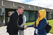 25 June 2022; Republic of Ireland manager Stephen Kenny, left, shakes hands with Anfac Dahir Sharifosman during a Republic of Ireland Refugee Team meet and greet at FAI Headquarters in Abbotstown, Dublin. Photo by Sam Barnes/Sportsfile