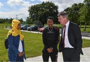 25 June 2022; Republic of Ireland manager Stephen Kenny, right, speaking with Anfac Dahir Sharifosman, left, and Michele Kidane Gebretsadek during Republic of Ireland Refugee Team meet and greet at FAI Headquarters in Abbotstown, Dublin. Photo by Sam Barnes/Sportsfile