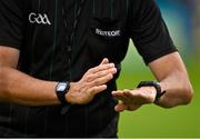 17 June 2022; Referee Kevin Jordan performs the coin toss before the Electric Ireland GAA Hurling All-Ireland Minor Championship Semi-Final match between Offaly and Clare at FBD Semple Stadium in Thurles, Tipperary. Photo by Piaras Ó Mídheach/Sportsfile