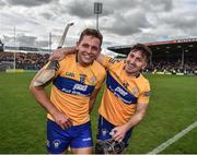 18 June 2022; Clare players, Aron Shanagher, right, and Ian Galvin celebrate after the GAA Hurling All-Ireland Senior Championship Quarter-Final match between Clare and Wexford at the FBD Semple Stadium in Thurles, Tipperary. Photo by Daire Brennan/Sportsfile
