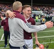 18 June 2022; Tom Monaghan of Galway celebrates with manager Henry Shefflin the GAA Hurling All-Ireland Senior Championship Quarter-Final match between Galway and Cork at the FBD Semple Stadium in Thurles, Tipperary. Photo by Daire Brennan/Sportsfile