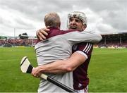 18 June 2022; Daithí Burke of Galway celebrates with manager Henry Shefflin the GAA Hurling All-Ireland Senior Championship Quarter-Final match between Galway and Cork at the FBD Semple Stadium in Thurles, Tipperary. Photo by Daire Brennan/Sportsfile