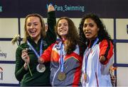 18 June 2022; Medalists, from left, Ellen Keane of Ireland, silver, Anastasiya Dmytriv of Spain, gold and Katarina Roxon of Canada, bronze, after the final of the 100m breaststroke SB8 class on day seven of the 2022 World Para Swimming Championships at the Complexo de Piscinas Olímpicas do Funchal in Madeira, Portugal. Photo by Ian MacNicol/Sportsfile