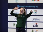 18 June 2022; Ellen Keane of Ireland celebrates before receiving her silver medal after the final of the 100m breaststroke SB8 class on day seven of the 2022 World Para Swimming Championships at the Complexo de Piscinas Olímpicas do Funchal in Madeira, Portugal. Photo by Ian MacNicol/Sportsfile