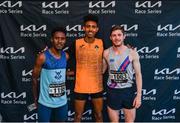 18 June 2022; The mens podium, first place, Efrem Gidey of Clonliffe Harriers AC, centre, second place, Hiko Tonasa of Dundrum South Dublin AC, left, and third place, Paul O'Donnell of Dundrum South Dublin AC after the Dunshaughlin 10km Kia Race Series in Dunshaughlin, Co Meath. Photo by David Fitzgerald/Sportsfile