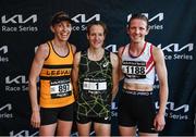18 June 2022; The womens podium, first place, Fionnuala McCormack of Kilcoole AC, centre, second place, Lizzie Lee of Leevale AC, left, and third place, Ciara Wilson of DMP AC, right, after the Dunshaughlin 10km Kia Race Series in Dunshaughlin, Co Meath. Photo by David Fitzgerald/Sportsfile
