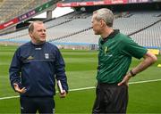 19 June 2022; Cavan manager Mickey Graham talking to referee Fergal Kelly before the Tailteann Cup Semi-Final match between Sligo and Cavan at Croke Park in Dublin. Photo by Ray McManus/Sportsfile