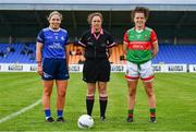 19 June 2022; Referee Siobhán Coyle with team captains Laura Fitzpatrick of Cavan, left, and Kathryn Sullivan of Mayo before the TG4 All-Ireland SFC Group A Round 2 match between Cavan and Mayo at Glennon Brothers Pearse Park in Longford. Photo by Ben McShane/Sportsfile