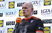 19 June 2022; Armagh manager Ronan Murphy is interviewed by TG4 before the TG4 All-Ireland SFC Group B Round 2 match between Armagh and Meath at Glennon Brothers Pearse Park in Longford. Photo by Ben McShane/Sportsfile