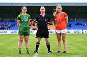 19 June 2022; Referee Garryowen McMahon with team captains Shauna Ennis of Meath, left, and Kelly Mallon of Armagh before the TG4 All-Ireland SFC Group B Round 2 match between Armagh and Meath at Glennon Brothers Pearse Park in Longford. Photo by Ben McShane/Sportsfile