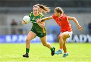 19 June 2022; Meadhbh Byrne of Meath in action against Grace Ferguson of Armagh during the TG4 All-Ireland SFC Group B Round 2 match between Armagh and Meath at Glennon Brothers Pearse Park in Longford. Photo by Ben McShane/Sportsfile