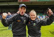 19 June 2022; Tipperary manager James Woodlock, left, celebrates with backroom staff member Caitriona Shortt after the Electric Ireland GAA Hurling All-Ireland Minor Championship Semi-Final match between Tipperary and Galway at the LIT Gaelic Grounds in Limerick. Photo by Michael P Ryan/Sportsfile