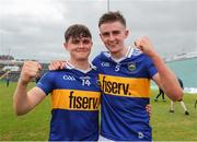 19 June 2022; Tipperary players Tom Delaney. left, and Sam O'Farrell celebrate after the Electric Ireland GAA Hurling All-Ireland Minor Championship Semi-Final match between Tipperary and Galway at the LIT Gaelic Grounds in Limerick. Photo by Michael P Ryan/Sportsfile
