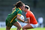 19 June 2022; Emma Duggan of Meath gets past Niamh Colman of Armagh during the TG4 All-Ireland SFC Group B Round 2 match between Armagh and Meath at Glennon Brothers Pearse Park in Longford. Photo by Ben McShane/Sportsfile