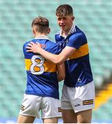 19 June 2022; Tipperary players Ciarán Foley, left, and Cathal English celebrate after the Electric Ireland GAA Hurling All-Ireland Minor Championship Semi-Final match between Tipperary and Galway at the LIT Gaelic Grounds in Limerick. Photo by Michael P Ryan/Sportsfile