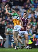 19 June 2022; Dylan Hyland of Offaly celebrates as he scores a point for his side during the Tailteann Cup Semi-Final match between Westmeath and Offaly at Croke Park in Dublin. Photo by George Tewkesbury/Sportsfile