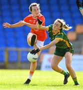 19 June 2022; Mary Kate Lynch of Meath blocks Catherine Marley of Armagh during the TG4 All-Ireland SFC Group B Round 2 match between Armagh and Meath at Glennon Brothers Pearse Park in Longford. Photo by Ben McShane/Sportsfile