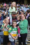 19 June 2022; Westmeath supporter James Crombie with his wife Ann and his Offaly born children Hayleigh, eleven years, Anna, 9, Sarah, 4, and Chloe, 6, during the Tailteann Cup Semi-Final match between Westmeath and Offaly at Croke Park in Dublin. Photo by Ray McManus/Sportsfile
