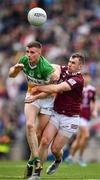 19 June 2022; Dylan Hyland of Offaly is tackled by Jamie Gonoud of Westmeath during the Tailteann Cup Semi-Final match between Westmeath and Offaly at Croke Park in Dublin. Photo by Ray McManus/Sportsfile