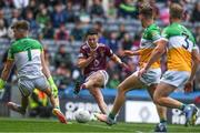 19 June 2022; Ronan O'Toole of Westmeath having his shot on goal saved by Offaly goalkeeper Paddy Dunican during the Tailteann Cup Semi-Final match between Westmeath and Offaly at Croke Park in Dublin. Photo by George Tewkesbury/Sportsfile