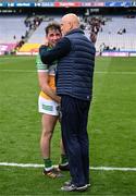 19 June 2022; Offaly manager John Maughan with Jordan Hayes after the Tailteann Cup Semi-Final match between Westmeath and Offaly at Croke Park in Dublin. Photo by Ray McManus/Sportsfile