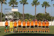 19 June 2022; Republic of Ireland players stand for the playing of the National Anthem before the women's international friendly match between Republic of Ireland and Philippines at Bellis Resort in Antalya, Turkey. Photo by Ramazan Boca/Sportsfile