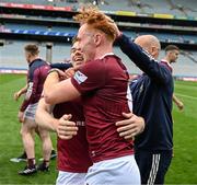 19 June 2022; Lorcan Dolan, left, and Ronan Wallace of Westmeath celebrate after the Tailteann Cup Semi-Final match between Westmeath and Offaly at Croke Park in Dublin. Photo by Ray McManus/Sportsfile