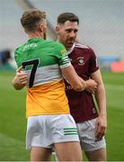 19 June 2022; Cian Donohoe of Offaly, left, and James Dolan of Westmeath after the Tailteann Cup Semi-Final match between Westmeath and Offaly at Croke Park in Dublin. Photo by Ray McManus/Sportsfile