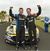 19 June 2022; Josh Moffett, left, and Andy Hayes with their Hyundai i20 R5 after winning the Joule Donegal International Rally at Letterkenny in Donegal. Photo by Philip Fitzpatrick/Sportsfile
