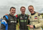 19 June 2022; From left, Andy Hayes Josh and Andy Hayes with ex world rally champion Ari Vatanen during day three of the Joule Donegal International Rally at Letterkenny in Donegal. Photo by Philip Fitzpatrick/Sportsfile