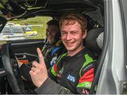 19 June 2022; Josh Moffett and Andy Hayes in their Hyundai i20 R5 after winning the Joule Donegal International Rally at Letterkenny in Donegal. Photo by Philip Fitzpatrick/Sportsfile
