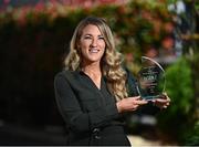 20 June 2022; Kelly Mallon of Armagh with The Croke Park/LGFA Player of the Month award for May at The Croke Park hotel in Jones Road, Dublin. Armagh captain Kelly scored 1-8, including a late extra-time goal, as Armagh defeated Donegal to win the TG4 Ulster Senior Final on May 22, having contributed 2-2 in the provincial semi-final victory over Monaghan. Photo by David Fitzgerald/Sportsfile