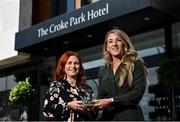 20 June 2022; Kelly Mallon of Armagh is presented with The Croke Park/LGFA Player of the Month award for May by Edele O'Reilly, The Croke Park Director of Sales and Marketing at The Croke Park hotel in Jones Road, Dublin. Armagh captain Kelly scored 1-8, including a late extra-time goal, as Armagh defeated Donegal to win the TG4 Ulster Senior Final on May 22, having contributed 2-2 in the provincial semi-final victory over Monaghan. Photo by David Fitzgerald/Sportsfile