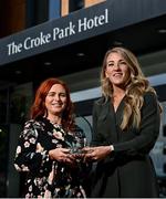 20 June 2022; Kelly Mallon of Armagh is presented with The Croke Park/LGFA Player of the Month award for May by Edele O'Reilly, The Croke Park Director of Sales and Marketing at The Croke Park hotel in Jones Road, Dublin. Armagh captain Kelly scored 1-8, including a late extra-time goal, as Armagh defeated Donegal to win the TG4 Ulster Senior Final on May 22, having contributed 2-2 in the provincial semi-final victory over Monaghan. Photo by David Fitzgerald/Sportsfile