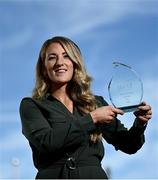 20 June 2022; Kelly Mallon of Armagh with The Croke Park/LGFA Player of the Month award for May at The Croke Park hotel in Jones Road, Dublin. Armagh captain Kelly scored 1-8, including a late extra-time goal, as Armagh defeated Donegal to win the TG4 Ulster Senior Final on May 22, having contributed 2-2 in the provincial semi-final victory over Monaghan. Photo by David Fitzgerald/Sportsfile