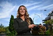 20 June 2022; Kelly Mallon of Armagh with The Croke Park/LGFA Player of the Month award for May at The Croke Park hotel in Jones Road, Dublin. Armagh captain Kelly scored 1-8, including a late extra-time goal, as Armagh defeated Donegal to win the TG4 Ulster Senior Final on May 22, having contributed 2-2 in the provincial semi-final victory over Monaghan. Photo by David Fitzgerald/Sportsfile