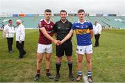 19 June 2022; Referee Patrick Murphy with Galway captain Rory Burke, left, and Tipperary captain Sam O'Farrell  before the Electric Ireland GAA Hurling All-Ireland Minor Championship Semi-Final match between Tipperary and Galway at the LIT Gaelic Grounds in Limerick. Photo by Michael P Ryan/Sportsfile