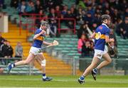 19 June 2022; Joe Egan of Tipperary, left, celebrates after scoring his side's second goal during the Electric Ireland GAA Hurling All-Ireland Minor Championship Semi-Final match between Tipperary and Galway at the LIT Gaelic Grounds in Limerick. Photo by Michael P Ryan/Sportsfile