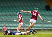 19 June 2022; Aaron Niland of Galway celebrates after scoring his side's first goal during the Electric Ireland GAA Hurling All-Ireland Minor Championship Semi-Final match between Tipperary and Galway at the LIT Gaelic Grounds in Limerick. Photo by Michael P Ryan/Sportsfile