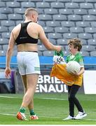 19 June 2022; Anton Sullivan of Offaly gives his shirt to his son after the Tailteann Cup Semi-Final match between Westmeath and Offaly at Croke Park in Dublin. Photo by George Tewkesbury/Sportsfile