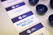 21 June 2022; The card of Republic of Ireland before the UEFA European Under-21 Championship 2023 Play-offs draw at the UEFA headquarters, The House of European Football, in Nyon, Switzerland. Photo by Kristian Skeie - UEFA/UEFA via Sportsfile