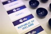 21 June 2022; The card of Republic of Ireland and Israel before the UEFA European Under-21 Championship 2023 Play-offs draw at the UEFA headquarters, The House of European Football, in Nyon, Switzerland. Photo by Kristian Skeie - UEFA/UEFA via Sportsfile