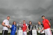 21 June 2022; Players, from left, Jack O'Connor of Maynooth University Town, Ealish Murray of Finglas United, Chris Forrester of St Patrick's Athletic, Della Doherty of Wexford Youths, Charlie Graham of Whitehall Rangers and Carl Bateman of Oliver Bond Celtic after the during the 2022 Extra.ie FAI Cup and Evoke.ie FAI Women’s Cup First Round Draws at FAI Headquarters in Abbotstown, Dublin. Photo by Ramsey Cardy/Sportsfile