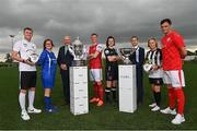 21 June 2022; FAI President Gerry McAnaney and League of Ireland Director Mark Scanlon, with players, from left, Jack O'Connor of Maynooth University Town, Ealish Murray of Finglas United, Chris Forrester of St Patrick's Athletic, Della Doherty of Wexford Youths, Charlie Graham of Whitehall Rangers and Carl Bateman of Oliver Bond Celtic after the during the 2022 Extra.ie FAI Cup and Evoke.ie FAI Women’s Cup First Round Draws at FAI Headquarters in Abbotstown, Dublin. Photo by Ramsey Cardy/Sportsfile