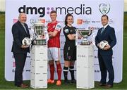 21 June 2022; FAI President Gerry McAnaney, left, and League of Ireland Director Mark Scanlon, right, with Chris Forrester of St Patrick's Athletic and Della Doherty of Wexford Youths after the 2022 Extra.ie FAI Cup and Evoke.ie FAI Women’s Cup First Round Draws at FAI Headquarters in Abbotstown, Dublin. Photo by Ramsey Cardy/Sportsfile